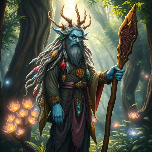 A firbolg druid with bluish skin standing in a mystical forest