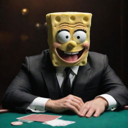 Generate an image of SpongeBob SquarePants, with a mean, mafia-like expression, dressed in a mob suit, sitting at a poker table in a dimly lit room.