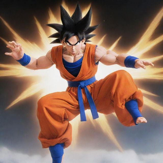 Goku, from Dragon Ball Z, clad in his famous orange gi, focused and channeling energy, performing his signature Kamehameha move upward into the sky.