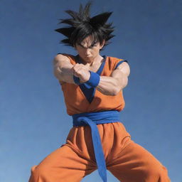 Goku, from Dragon Ball Z, clad in his famous orange gi, focused and channeling energy, performing his signature Kamehameha move upward into the sky.