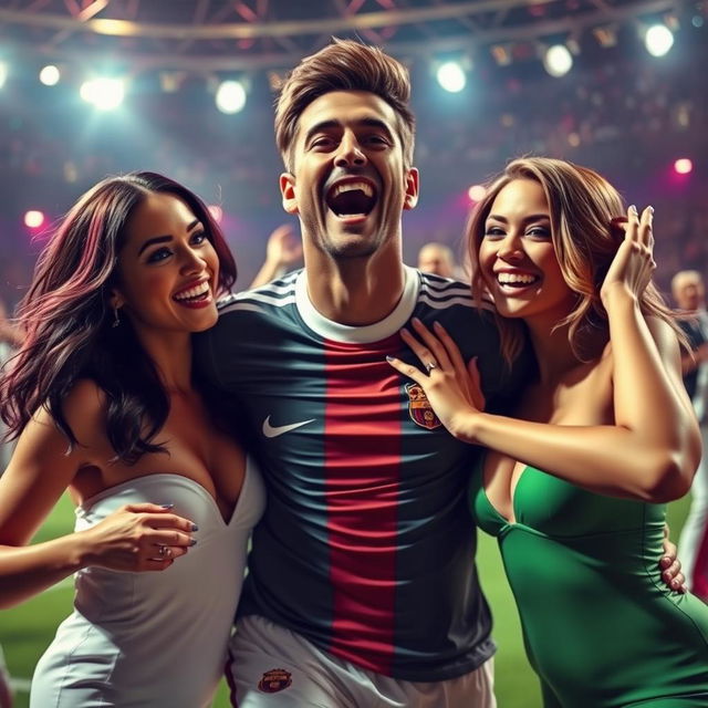 A dynamic and artistic representation of a famous soccer player, depicted in a sports-themed celebration, surrounded by two attractive and confident female figures in a glamorous setting