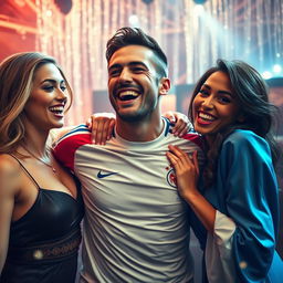 A dynamic and artistic representation of a famous soccer player, depicted in a sports-themed celebration, surrounded by two attractive and confident female figures in a glamorous setting