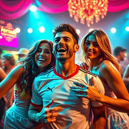 A dynamic and artistic representation of a famous soccer player, depicted in a sports-themed celebration, surrounded by two attractive and confident female figures in a glamorous setting