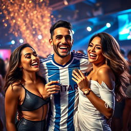 A dynamic and artistic representation of a famous soccer player, depicted in a sports-themed celebration, surrounded by two attractive and confident female figures in a glamorous setting