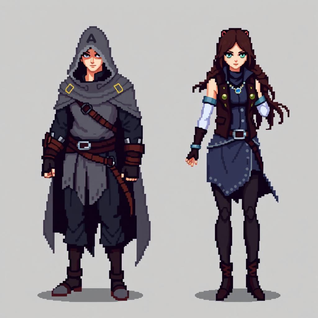 An 8-bit pixel-art representation of both a male and female rogue character, designed in a minimalist style