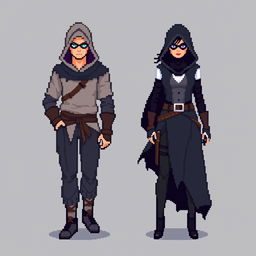 An 8-bit pixel-art representation of both a male and female rogue character, designed in a minimalist style