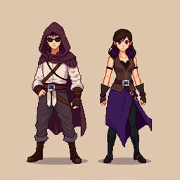 An 8-bit pixel-art representation of both a male and female rogue character, designed in a minimalist style