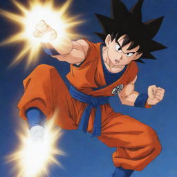 Goku, from Dragon Ball Z, clad in his famous orange gi, focused and channeling energy, performing his signature Kamehameha move upward into the sky.