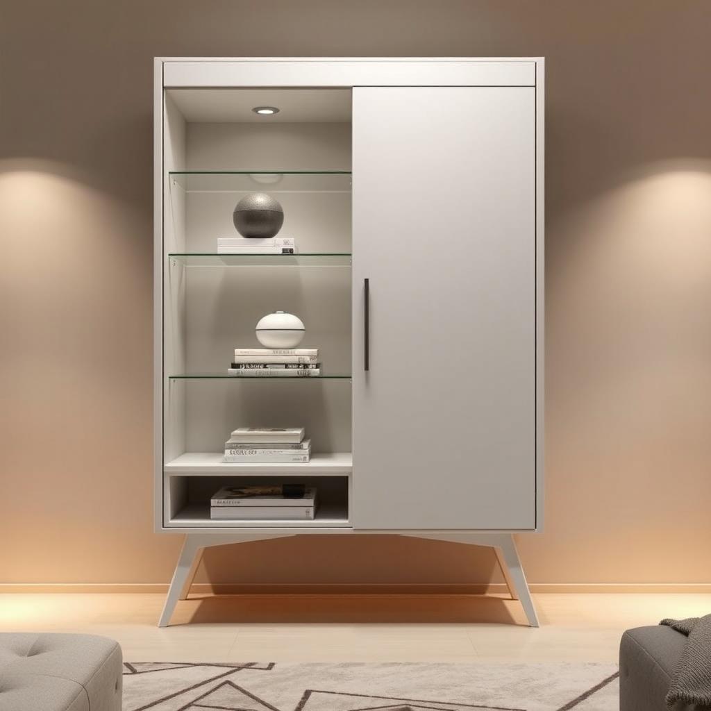 A modern minimalist showcase cabinet designed for a living room, featuring clean lines and a sleek silhouette