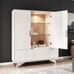 A modern minimalist showcase cabinet designed for a living room, featuring clean lines and a sleek silhouette