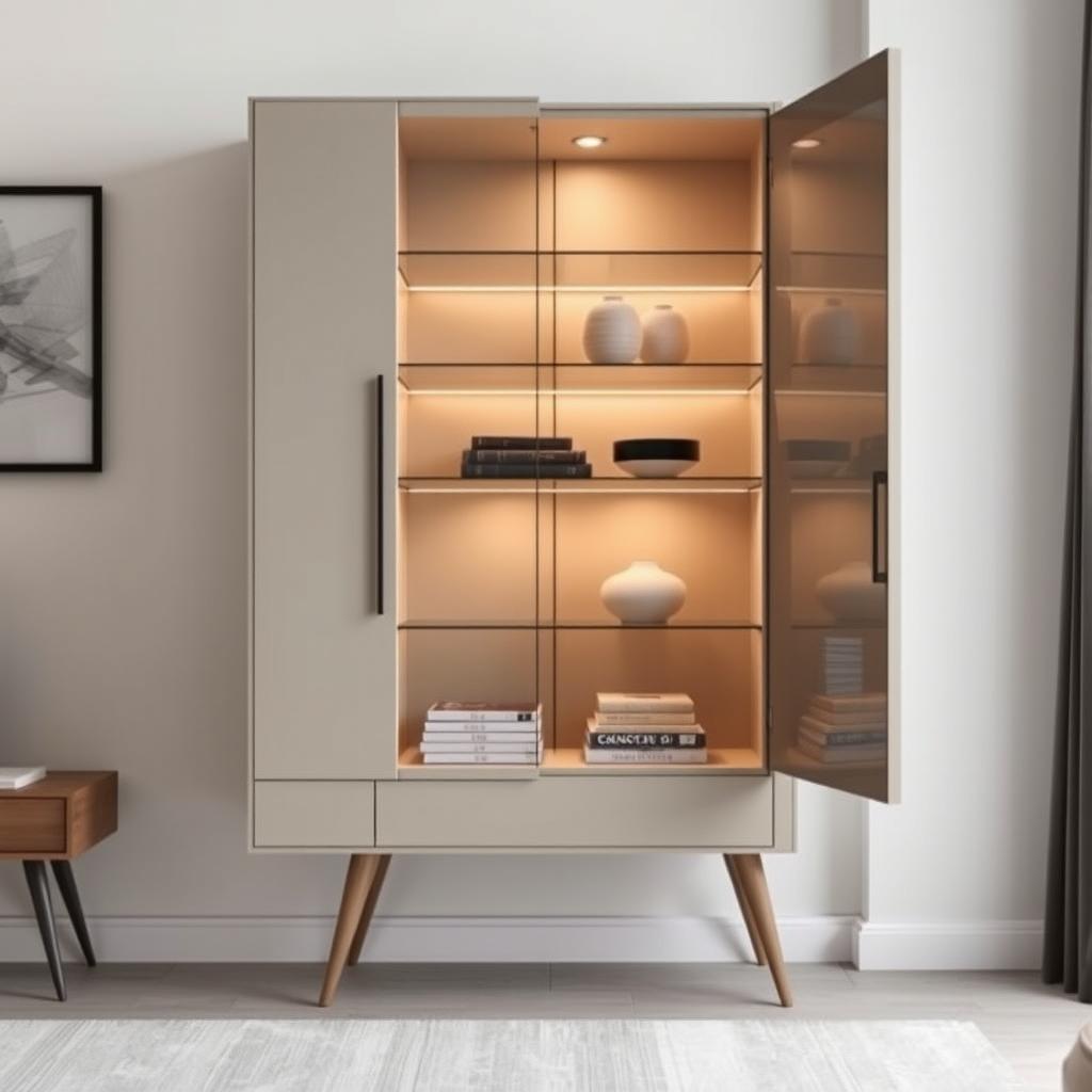 A modern minimalist showcase cabinet designed for a living room, featuring clean lines and a sleek silhouette