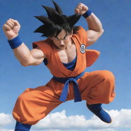 Goku, from Dragon Ball Z, clad in his famous orange gi, focused and channeling energy, performing his signature Kamehameha move upward into the sky.