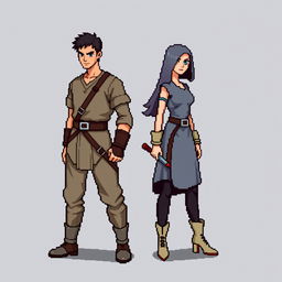 An 8-bit pixel-art representation of both a male and female rogue character, designed in a minimalist style suitable for an RPG game