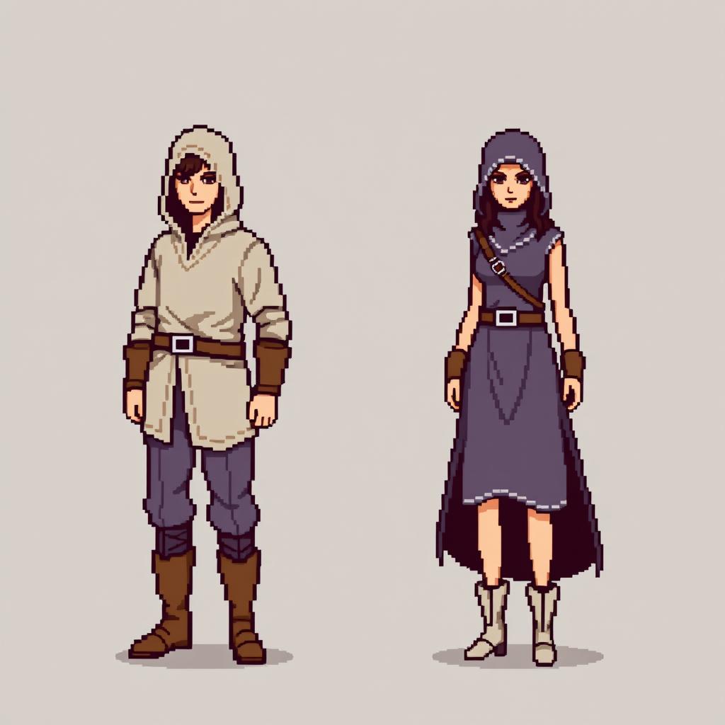 An 8-bit pixel-art representation of both a male and female rogue character, designed in a minimalist style suitable for an RPG game