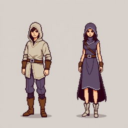 An 8-bit pixel-art representation of both a male and female rogue character, designed in a minimalist style suitable for an RPG game