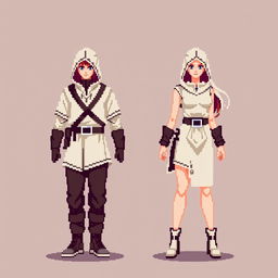 An 8-bit pixel-art representation of both a male and female rogue character, designed in a minimalist style suitable for an RPG game