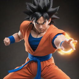 Goku from Dragon Ball, dressed in his iconic orange suit, performing the Kamehameha wave with concentrated energy in his palms, situated in mid-air.