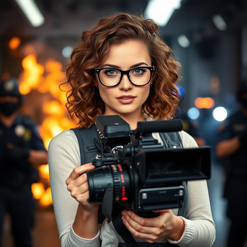 A young television camera operator with curly brown hair and striking blue eyes, wearing fashionable glasses