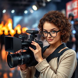 A young television camera operator with curly brown hair and striking blue eyes, wearing fashionable glasses