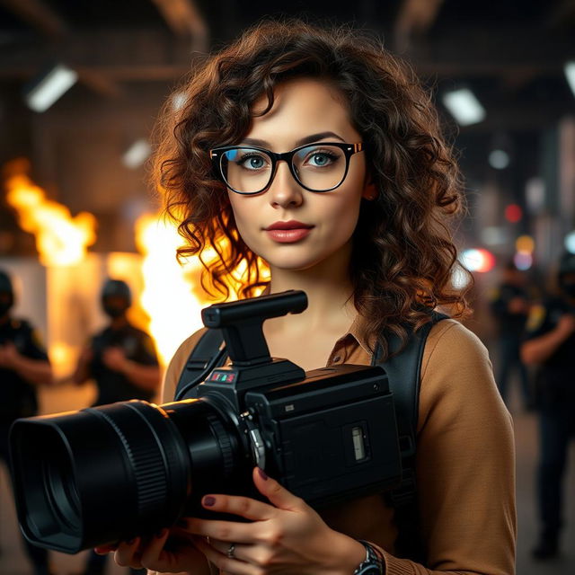 A young television camera operator with curly brown hair and striking blue eyes, wearing fashionable glasses