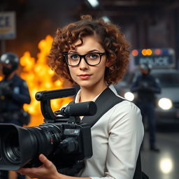 A young television camera operator with curly brown hair and striking blue eyes, wearing fashionable glasses