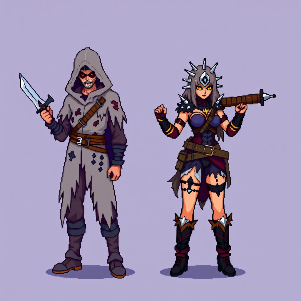 An 8-bit pixel-art representation of both a male and female rogue character, designed in a minimalist style with a 'psycho mode' theme suitable for an RPG game