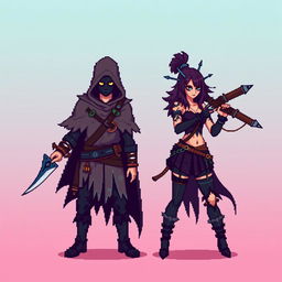 An 8-bit pixel-art representation of both a male and female rogue character, designed in a minimalist style with a 'psycho mode' theme suitable for an RPG game