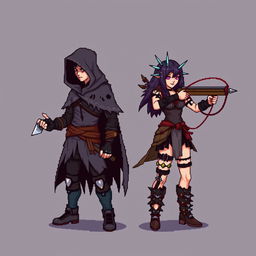 An 8-bit pixel-art representation of both a male and female rogue character, designed in a minimalist style with a 'psycho mode' theme suitable for an RPG game