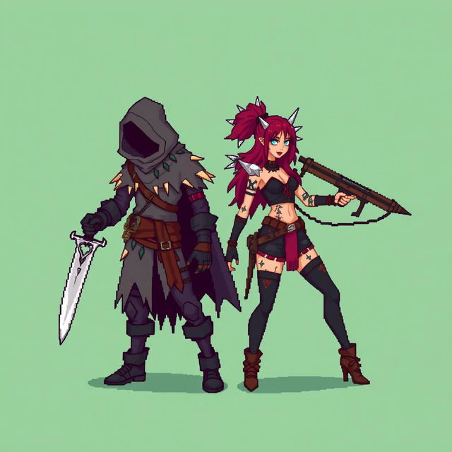 An 8-bit pixel-art representation of both a male and female rogue character, designed in a minimalist style with a 'psycho mode' theme suitable for an RPG game