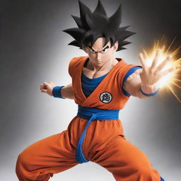 Goku from Dragon Ball, dressed in his iconic orange suit, performing the Kamehameha wave with concentrated energy in his palms, situated in mid-air.