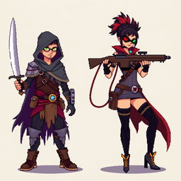 An 8-bit pixel-art representation of both a male and female rogue character, created in a minimalist style with a 'psycho mode' twist, suitable for an RPG game