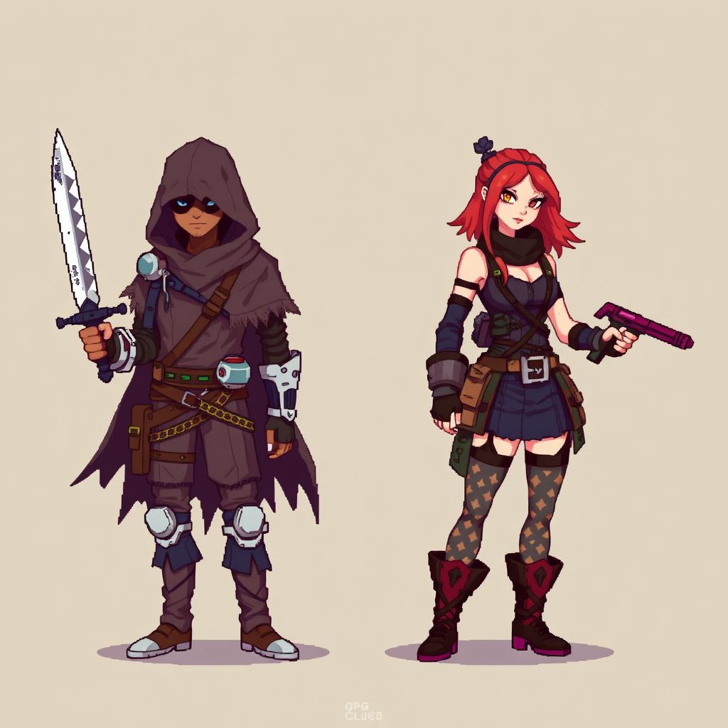 An 8-bit pixel-art representation of both a male and female rogue character, created in a minimalist style with a 'psycho mode' twist, suitable for an RPG game