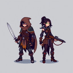 An 8-bit pixel-art representation of both a male and female rogue character, created in a minimalist style with a 'psycho mode' twist, suitable for an RPG game