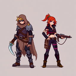 An 8-bit pixel-art representation of both a male and female rogue character, created in a minimalist style with a 'psycho mode' twist, suitable for an RPG game