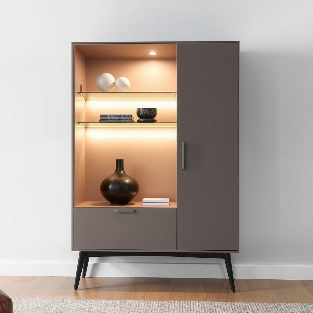 A modern minimalist showcase cabinet designed for a living room, featuring a sleek silhouette, integrated LED lighting, and one stylish door for concealed storage