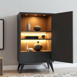 A modern minimalist showcase cabinet designed for a living room, featuring a sleek silhouette, integrated LED lighting, and one stylish door for concealed storage