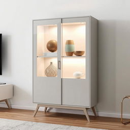 A modern minimalist showcase cabinet designed for a living room, featuring a sleek silhouette, integrated LED lighting, and one stylish door for concealed storage