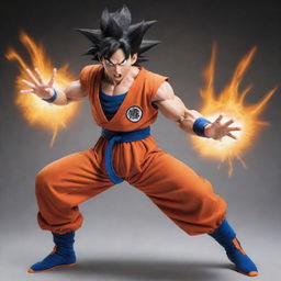 Goku from Dragon Ball, dressed in his iconic orange suit, performing the Kamehameha wave with concentrated energy in his palms, situated in mid-air.