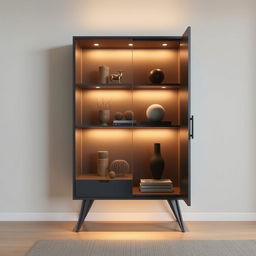 A modern minimalist showcase cabinet designed for a living room, featuring a sleek silhouette, integrated LED lighting, and one stylish door for concealed storage