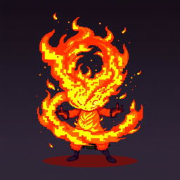 A pixelated attack animation concept for ‘Llama del Coraje’ that begins with bright orange and red pixelated flames igniting in the character's hands