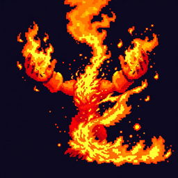 A pixelated attack animation concept for ‘Llama del Coraje’ that begins with bright orange and red pixelated flames igniting in the character's hands