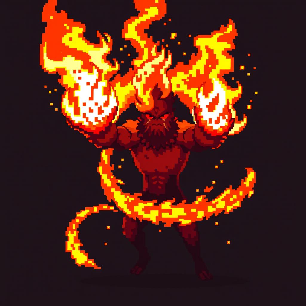 A pixelated attack animation concept for ‘Llama del Coraje’ that begins with bright orange and red pixelated flames igniting in the character's hands