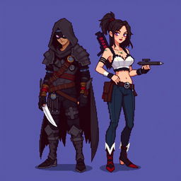 An 8-bit pixel-art representation of both a male and female rogue character, created in a minimalist style with a unique 'psycho mode' twist, suitable for an RPG game