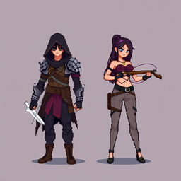 An 8-bit pixel-art representation of both a male and female rogue character, created in a minimalist style with a unique 'psycho mode' twist, suitable for an RPG game