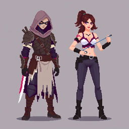 An 8-bit pixel-art representation of both a male and female rogue character, created in a minimalist style with a unique 'psycho mode' twist, suitable for an RPG game