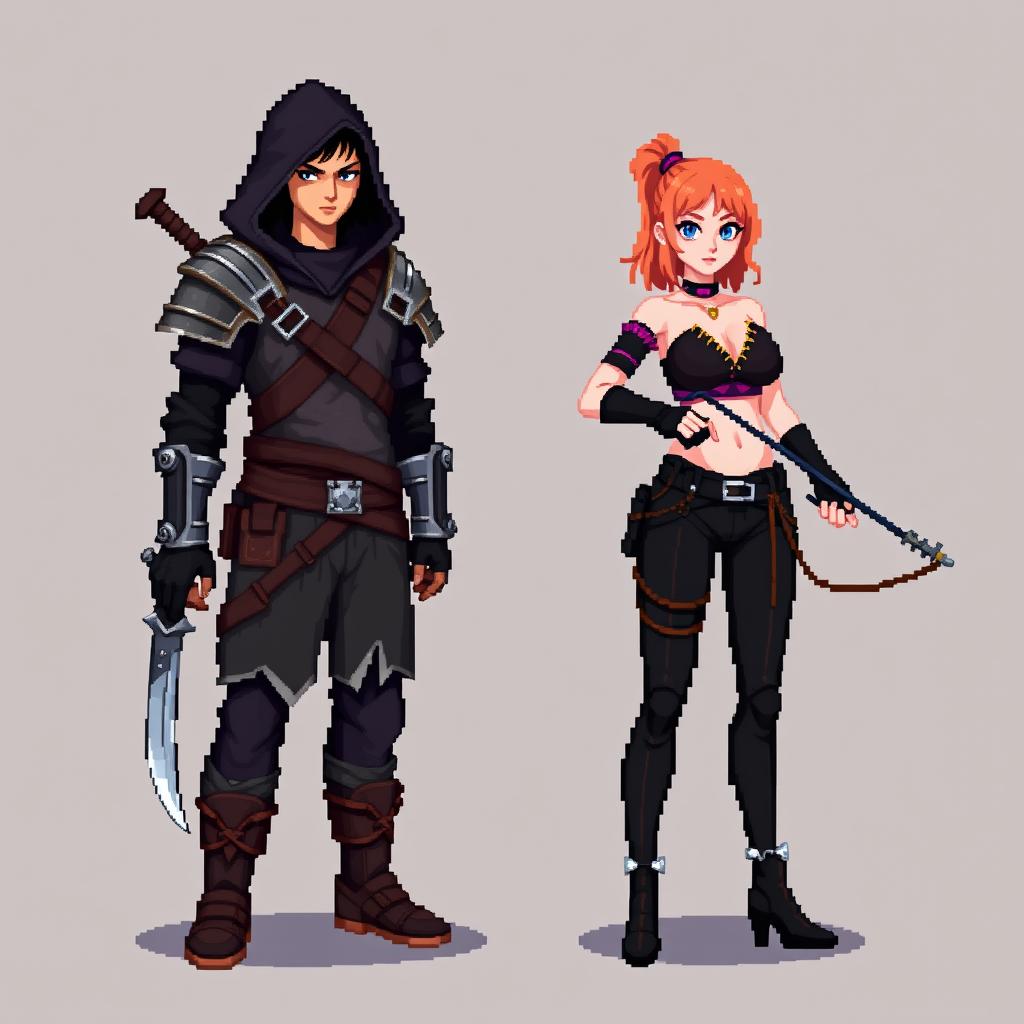 An 8-bit pixel-art representation of both a male and female rogue character, created in a minimalist style with a unique 'psycho mode' twist, suitable for an RPG game