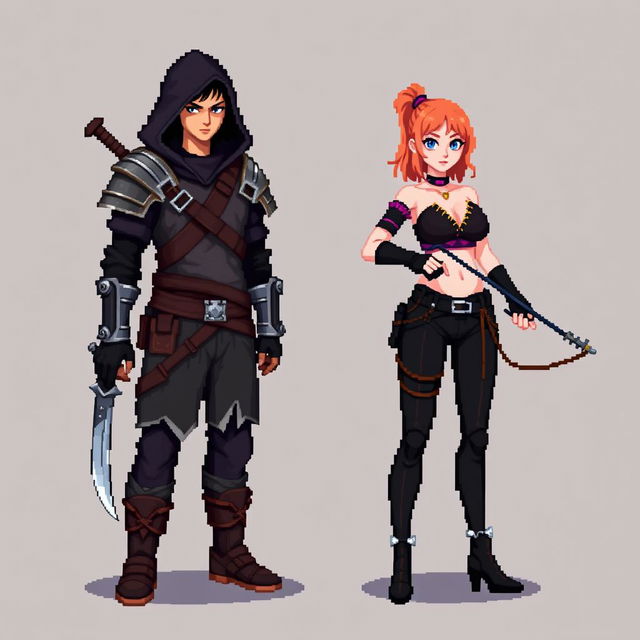 An 8-bit pixel-art representation of both a male and female rogue character, created in a minimalist style with a unique 'psycho mode' twist, suitable for an RPG game