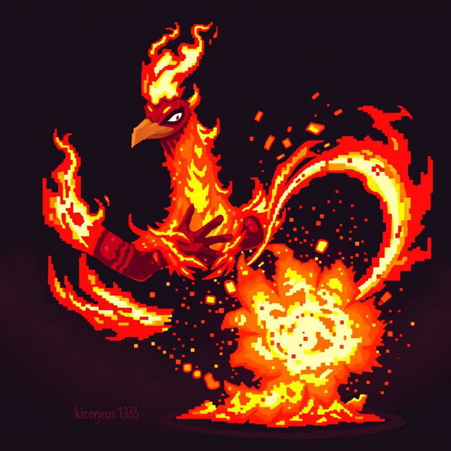 A pixelated attack animation concept for ‘Llama del Coraje’ that begins with bright orange and red pixelated flames igniting in the character's hands