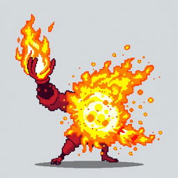 A pixelated attack animation concept for ‘Llama del Coraje’ that begins with bright orange and red pixelated flames igniting in the character's hands