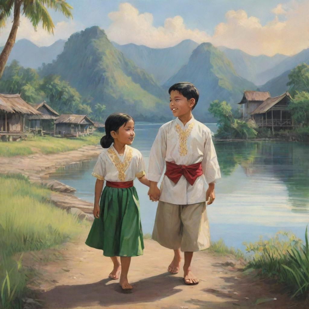 An illustration of a small, kind-hearted boy assisting a little lost girl, both wearing traditional Filipiniana clothing, amid a picturesque Philippine scenario.